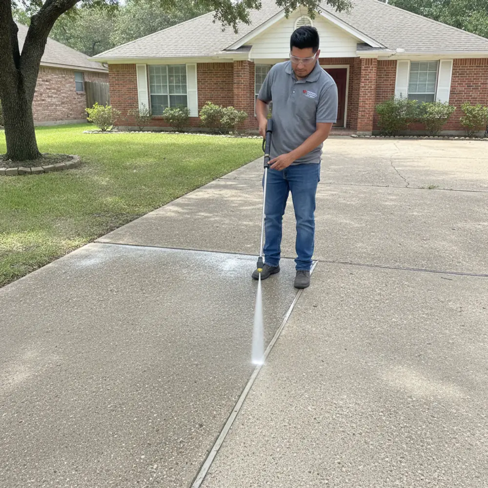 Houston Pressure Washing 24 technician power-washing a driveway with visible clean-vs-dirty contrast